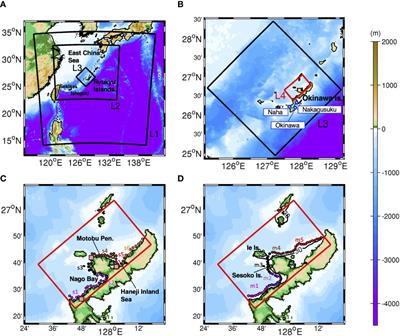 Quantifying connectivity between mesophotic and shallow coral larvae in Okinawa Island, Japan: a quadruple nested high-resolution modeling study